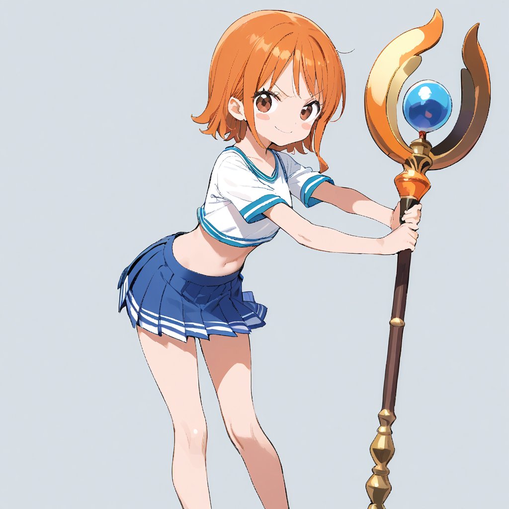 1girl, solo, looking at viewer, blush, smile, short hair, bangs, skirt, simple background, shirt, white background, navel, holding, brown eyes, closed mouth, standing, short sleeves, pleated skirt, midriff, miniskirt, orange hair, blue skirt, crop top, v-shaped eyebrows, feet out of frame, blush stickers, aged down, staff, cropped legs, brown shirt, nami \(one piece\)