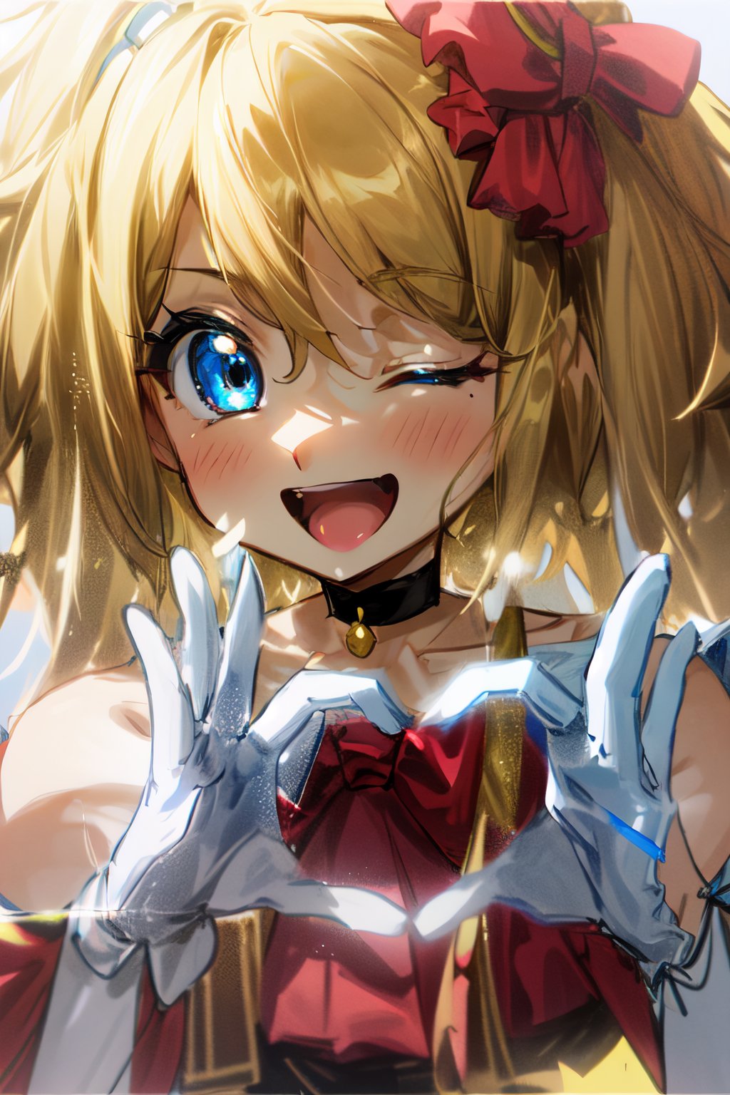 1girl, ((blonde hair, short hair)), blue eyes, eyelashes, fair skin, excited, ((black choker, hair bow, dress, collarbone, white gloves, brown pantyhose)),serena