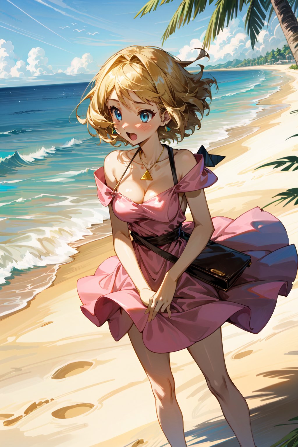 1girl, blonde hair, short hair, blue eyes, eyelashes, fair skin, excited, medium breast, ((light pink sundress, triangle cups, knee length, surplice neckline, bare_shoulder, strap, elastic high waist design,)) one necklace, daytime, beach,sunlight, sunbeam, waves, standing, perfect fingers shape, front-view, negative_hand-neg, negative_hand, ,serena