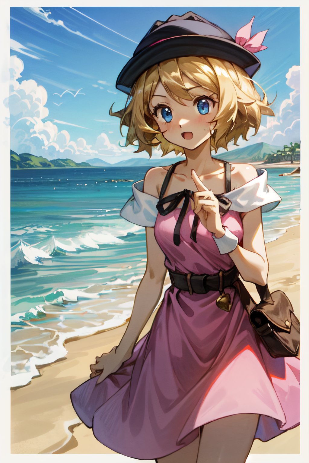 1girl, blonde hair, short hair, blue eyes, eyelashes, fair skin, excited, medium breast, ((hat,pink sundress, triangle cups, knee length, surplice neckline, bare_shoulder, strap, elastic high waist design,)) blue neck ribbon, daytime, beach,sunlight, sunbeam, waves, standing, perfect fingers shape, front-view, negative_hand-neg, negative_hand, ,serena