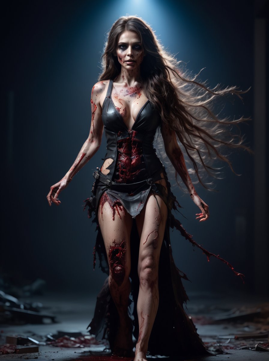 photo portrait
 full body, sexy zombie brunette girl, walking, beautiful long thick messy hair , neon studio, intense ring light, professional photograph of a stunning woman detailed, sharp focus, dramatic, award-winning, action lighting, octane render unreal engine,Masterpiece