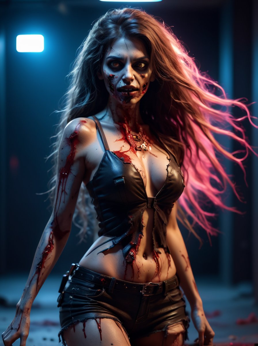 photo portrait
sexy zombie latina girl, full body, walking, beautiful long thick messy hair , neon studio, intense ring light, professional photograph of a stunning woman detailed, sharp focus, dramatic, award-winning, action lighting, octane render unreal engine,Masterpiece