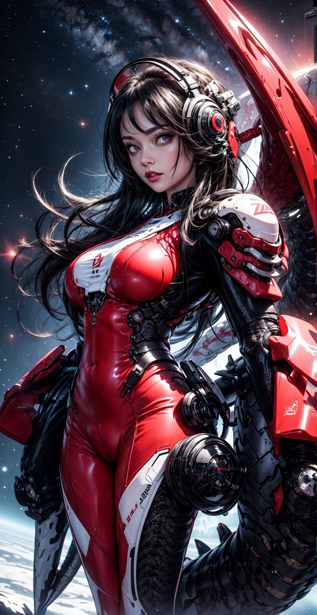 a girl, thunder yellow jacket, tight suit,Space helm of the 1960s,and the anime series G Force of the 1980s,Darf Punk wlop glossy skin, ultrarealistic sweet girl, space helm 60s, holographic, holographic texture, the style of wlop, space, red-black hair, very_long_hair, big_boobs, ,dragon ear