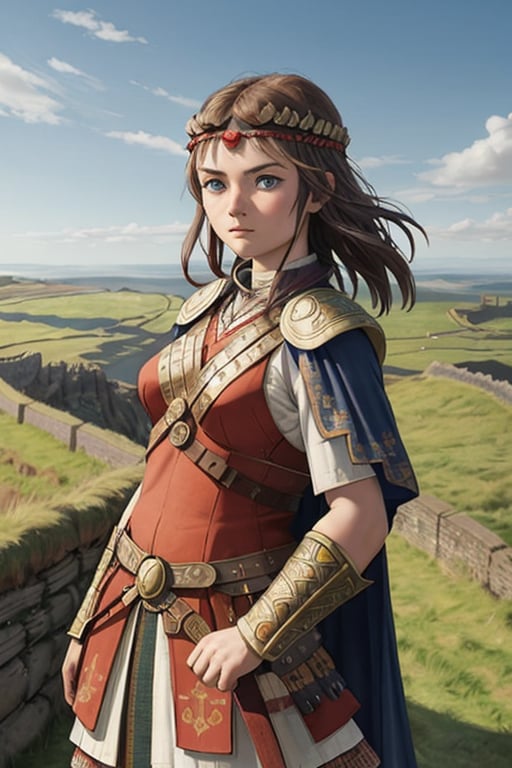 Pictish warrior girl, on Hadrian's Wall, observing the horizon.  open plan.  whole body.  perfect face.