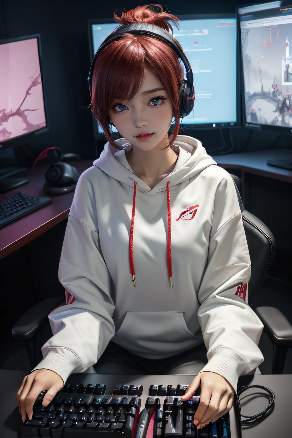 A full-length image, XXMix_girl in neon light computer game room wearing Asus ROG brand white  hoodie outfit, A look tinged with joy,Ephemeral woman, with gaming computer, RGB lighting computer,  with mechanic ear gaming headphone, gamer chair, (hi-top fade:1.3), Kantai Collection Style, Soft lighting,  anime moe art style,i am a gamer((They are very focused:1.5)), big tits,extremely detailed eye and face、beatiful detailed eyes, blue eyes, Beautiful skins, finely detail、smooth hair,detailed hairs,Very fine hairs,light red hair, Cool color makeup,Lowered eyebrows、Whitening effect,thin and thin eyebrows,milky skin, gamer concentrate on the venue,(A scene from the venue),((The gaze is looking at the venue)), the gaming keyboard is exquisitely operated,