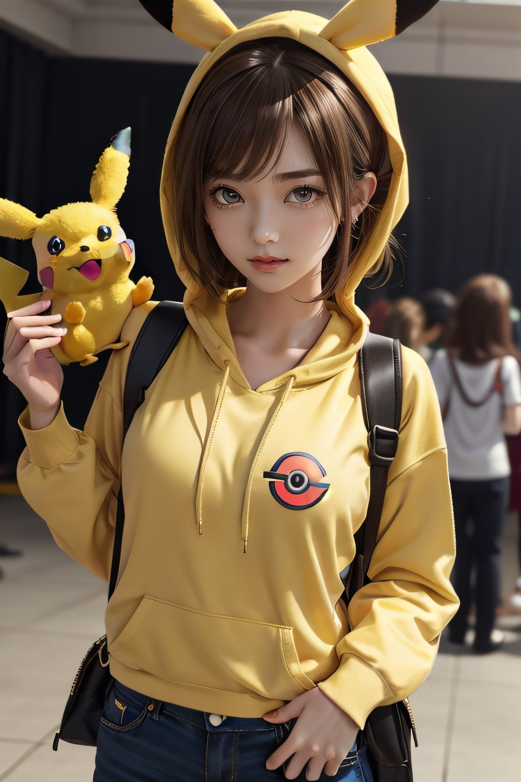 A full-length image, Girl in Pokemon center shop venue wearing yellow pikachu hoodie, A look tinged with joy,Ephemeral woman, with pokeball, Kantai Collection Style, Soft lighting, anime moe art style,i am a pikachu((They are very focused:1.5)), (hi-top fade:1.3), big tits,extremely detailed eye and face、beatiful detailed eyes,Beautiful skins,finely detail、smooth hair,detailed hairs,Very fine hairs,light brown hair, Cool color makeup,Lowered eyebrows、Whitening effect,thin and thin eyebrows,milky skin, pokemon concentrate at the venue,(A scene from the venue),((The gaze is looking at the venue)), pokemon backpack