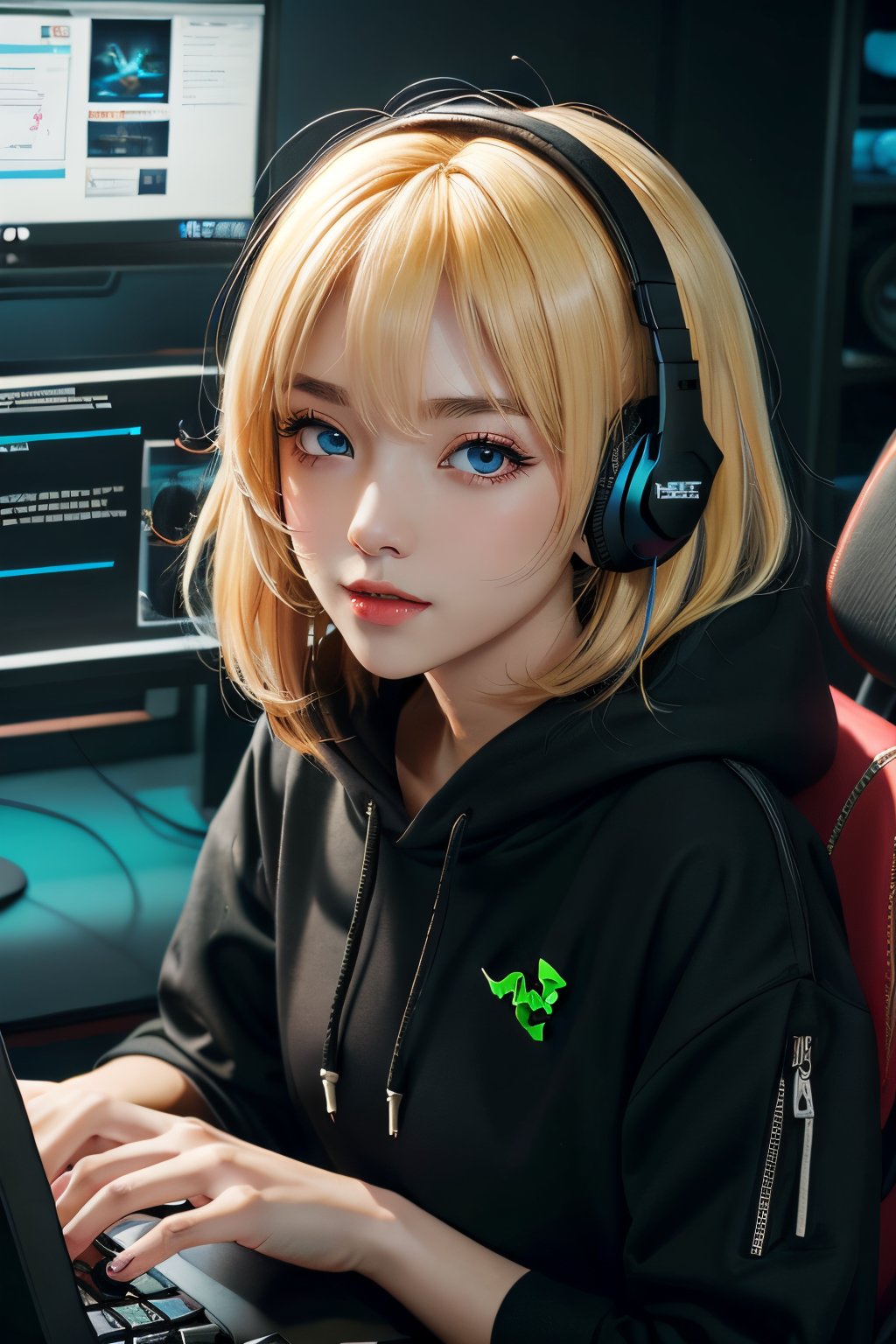 A full-length image, XXMix_girl in neon light computer game room wearing razer brand black hoodie outfit, A look tinged with joy,Ephemeral woman, with gaming computer, RGB lighting computer,  with mechanic ear gaming headphone, gamer chair, (hi-top fade:1.3), Kantai Collection Style, Soft lighting,  anime moe art style,i am a gamer((They are very focused:1.5)), big tits,extremely detailed eye and face、beatiful detailed eyes, blue eyes, Beautiful skins, finely detail、smooth hair,detailed hairs,Very fine hairs,light yellow hair, Cool color makeup,Lowered eyebrows、Whitening effect,thin and thin eyebrows,milky skin, gamer concentrate on the venue,(A scene from the venue),((The gaze is looking at the venue)), the gaming keyboard is exquisitely operated,