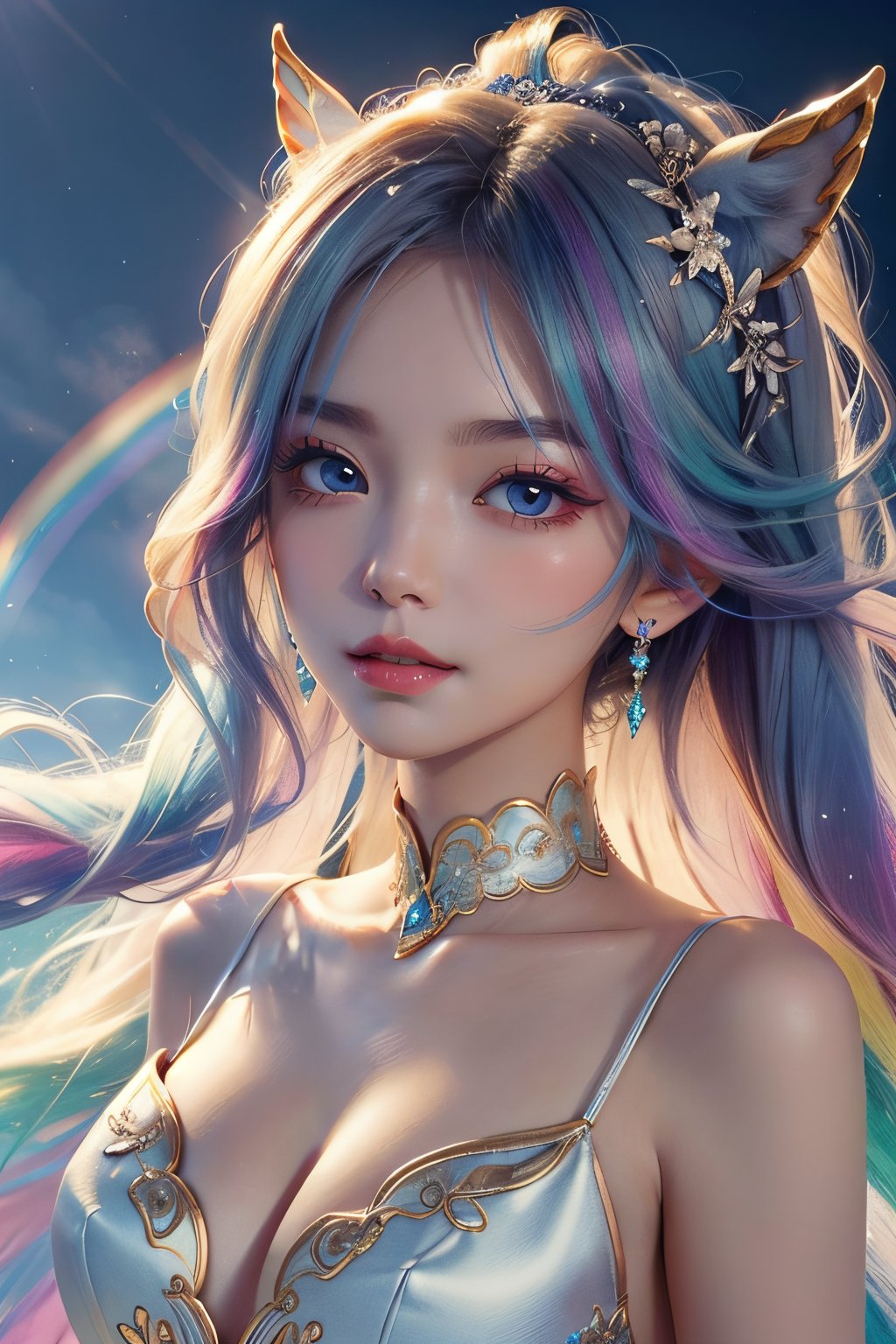 A full-length image, girl in rainbow mystical land wearing unicorn outfit, A look tinged with joy,Ephemeral woman, with unicorn, Soft lighting, anime moe art style,((They are very focused:1.5)), big tits,extremely detailed eye and face、beatiful detailed eyes, blue eyes, Beautiful skins, finely detail、smooth hair,detailed hairs,Very fine hairs, rainbow hair, Cool color makeup,Lowered eyebrows、Whitening effect,thin and thin eyebrows,milky skin, rainbow concentrate on the venue, extremely fair skin, cleavage, ariel view, rainbow in the sky,