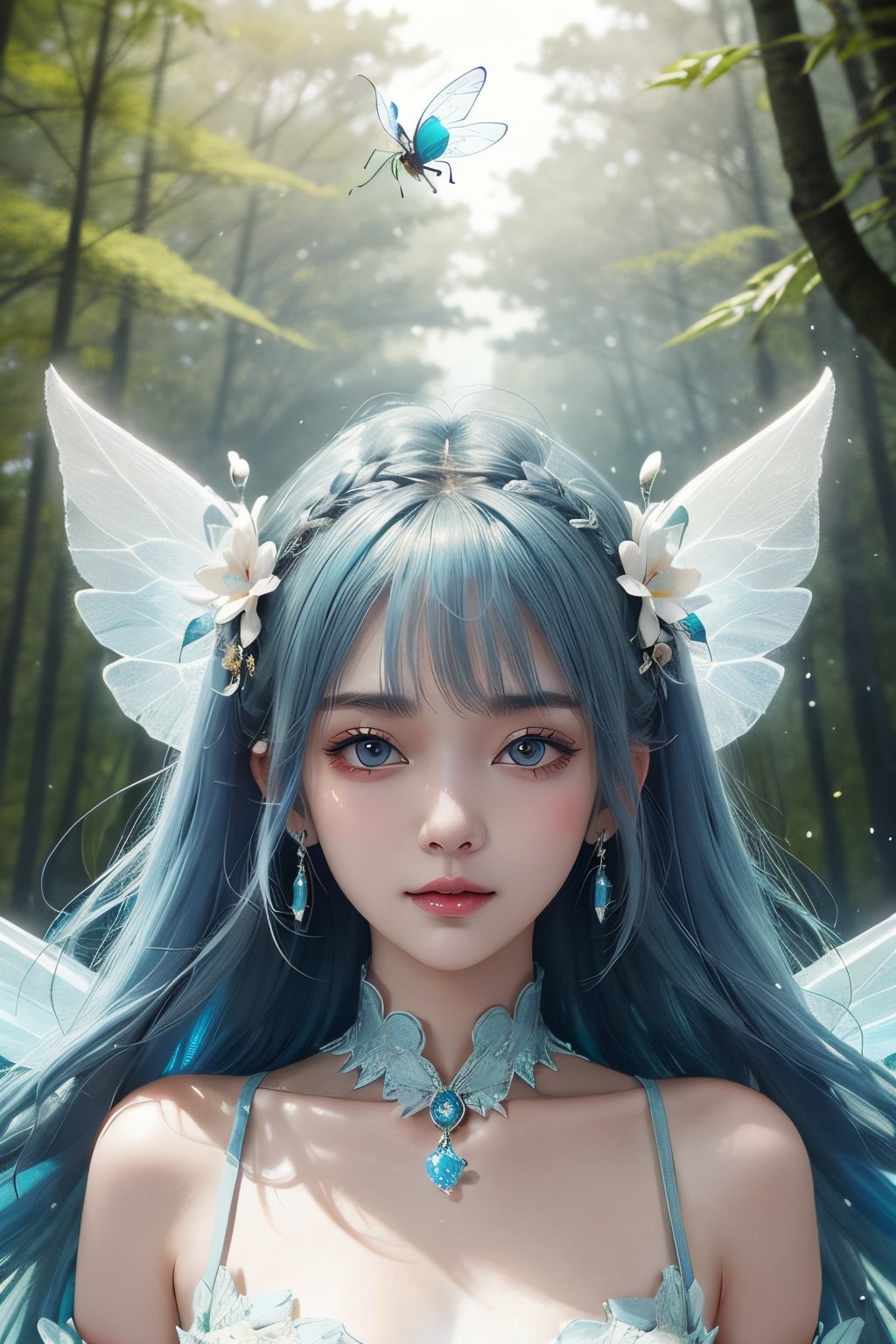 Alafed woman in fantasy forest venue wearing fairy dress, A look tinged with joy,Ephemeral woman, With revolver, Kantai Collection Style, Soft lighting, with fairy wings,  anime moe art style,i am a fairy((They are very focused:1.5)),big tits,extremely detailed eye and face、beatiful detailed eyes,Beautiful skins,finely detail、smooth hair,detailed hairs,Very fine hairs,light blue hair, Cool color makeup,Lowered eyebrows、Whitening effect,thin and thin eyebrows,milky skin, mystical insects concentrate on the venue,(A scene from the venue),((The gaze is looking at the venue)), floating elemental magic in the forest,