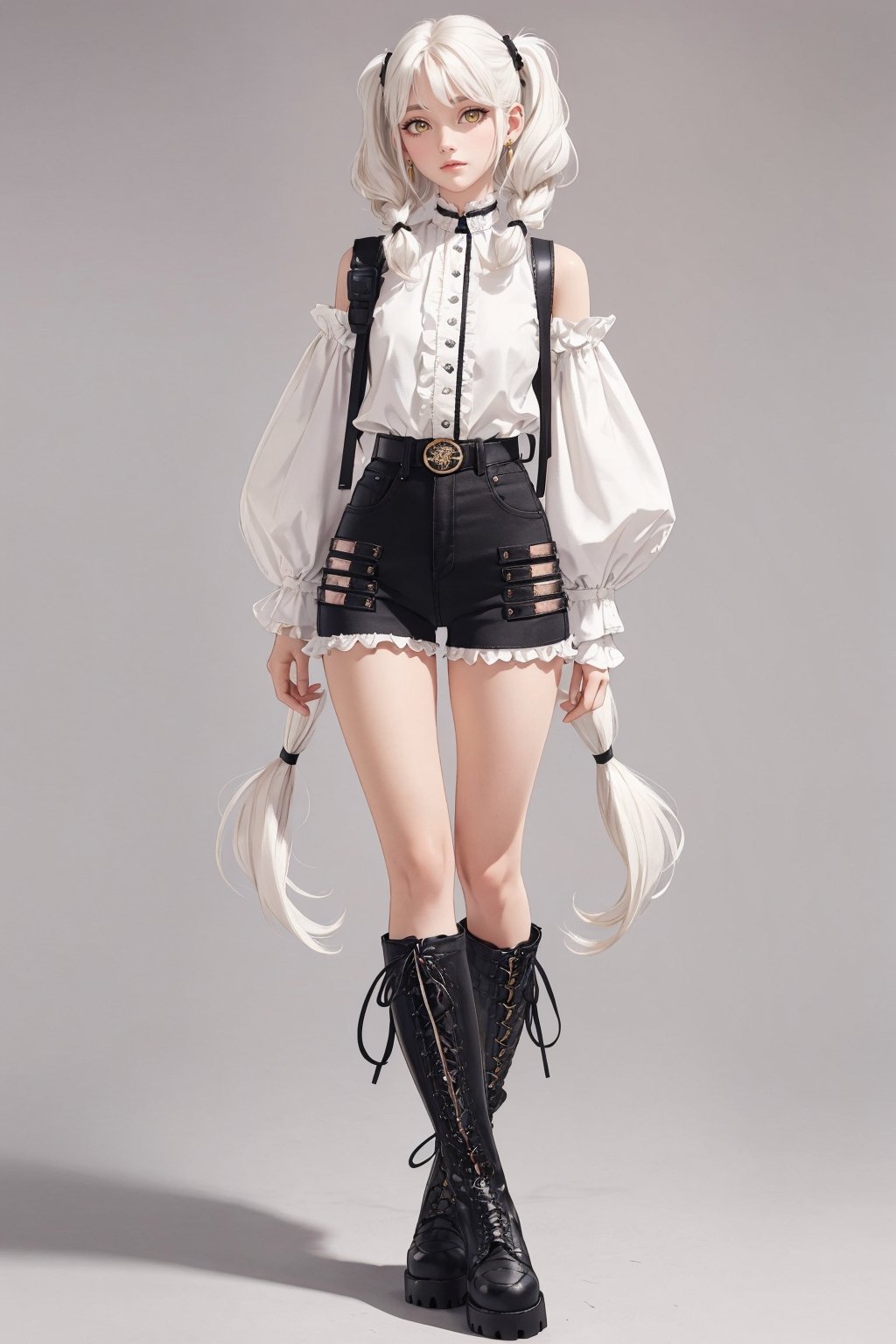 young girl, shoulder length wavy white hair with pigtails, good body, ,black hairpin in hair,Wide Fit Anchor chunky lace up boots in black, volume sleeved soft shirt with ruffle cuffs in ivory, croc double circle waist and hip belt,SAM YANG, Tall skinny jean in black, super skinny jeans in black