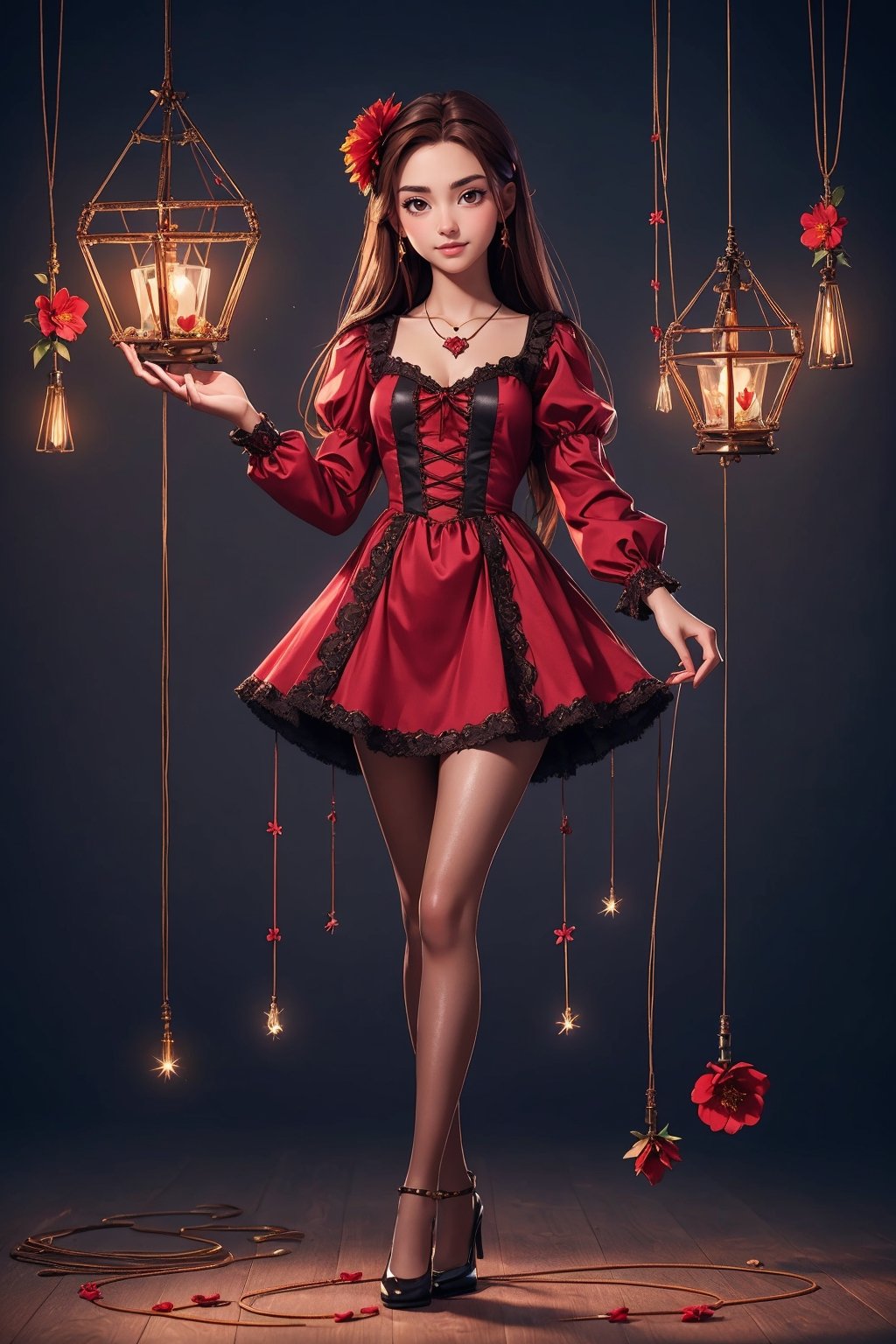 beautiful, good hands, full body, good body, 18 year old girl body, sexy pose, arcane style, clothes with accessories, brown hair, straight hair, fair skin, light eyes, red flower in the girl's hair,1girl,glitter,shiny,Marionette,chiffon smock mini shirt dress in red, mechanical heart necklace