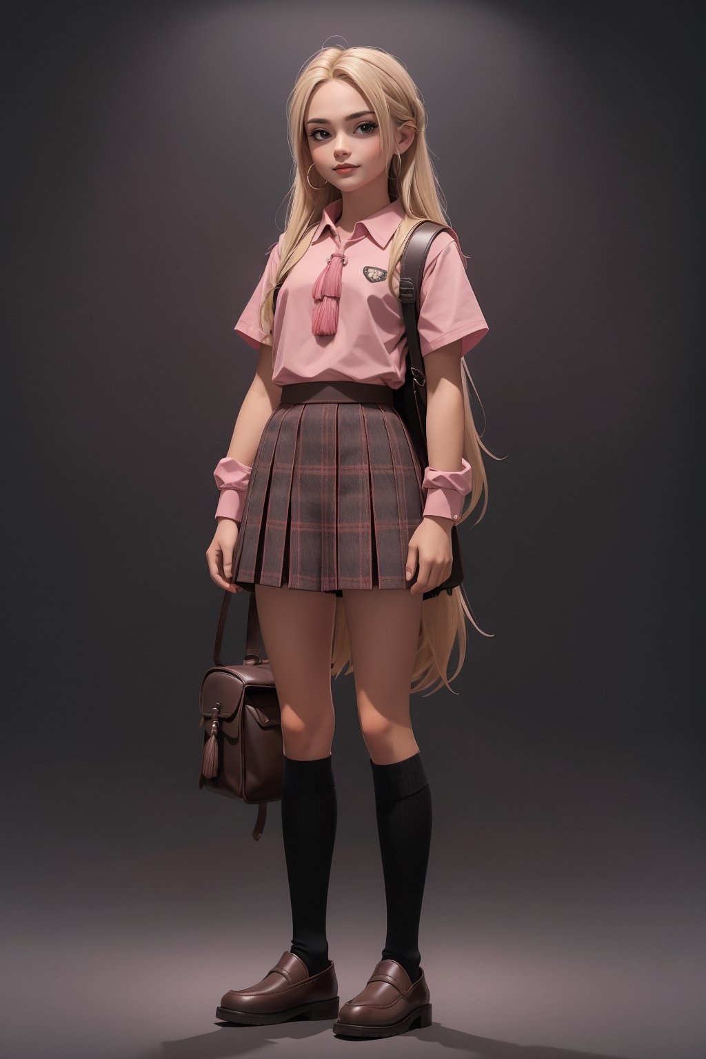 Young girl,18 year old body,semi-long blonde hair, pink school shirt, pink backpack on her back, brown plaid school skirt, black knee-high school socks, full_body,gray background with good lighting,tassel loafers in black polished smooth leather
