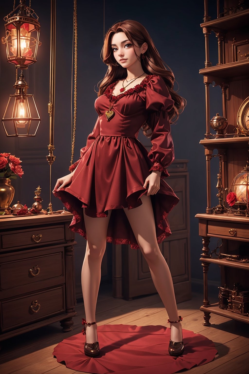 beautiful, good hands, full body, good body, 18 year old girl body, sexy pose, arcane style, clothes with accessories, brown hair, straight hair, fair skin, light eyes, red flower in the girl's hair,1girl,glitter,shiny,Marionette,chiffon smock mini shirt dress in red, mechanical heart necklace