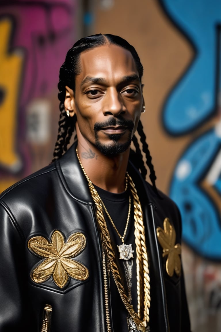 ((nature photograph of snoop dogg)), with cornrows, closeup, beard Goatee, (background wall with graffiti:1.4), wearing a solid black leather jacket, wearing a thick gold diamond chain, hyper-detailed facial features, detailed skin texture, 8k, high_resolution, UHD, DSLR, high quality, Fujifilm XT3, in high resolution and natural lighting.