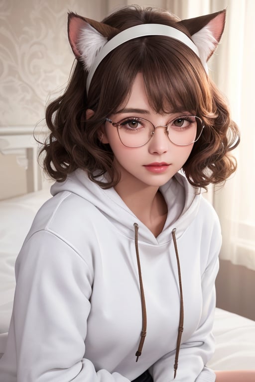 (Photography of a beautiful woman sitting in bed wearing white sweatshirt), perfect anatomy, (long brown curlyhairstyle:1.3), rounded glasses, white cat ears hairband, rosy cheeks, intricately detailed face, (skin texture), dynamic lighting, Ultra high resolution, raytracing, 8k, photorealistic, insanely-detailed background,