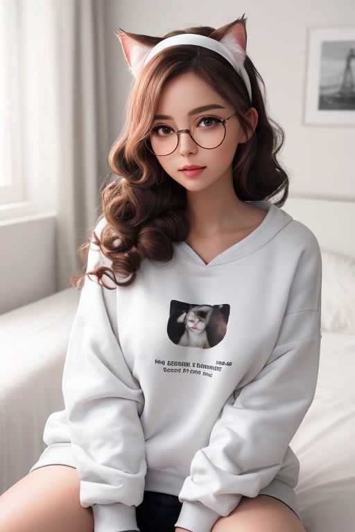 (Photography of a beautiful woman sitting in bed wearing white sweatshirt), perfect anatomy, (long and curlyhairstyle:1.3), rounded glasses, white cat ears hairband, rosy cheeks, intricately detailed face, (skin texture), dynamic lighting, Ultra high resolution, raytracing, 8k, photorealistic, insanely-detailed background,