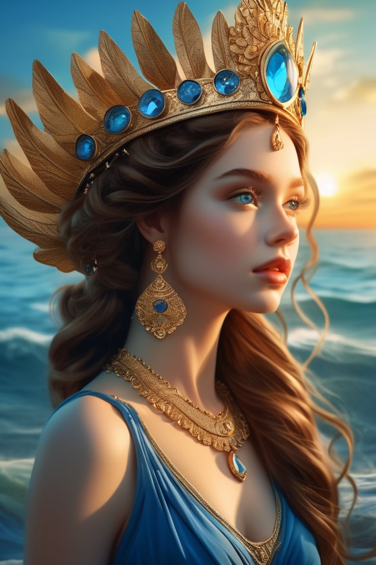 (Portrait of a beautiful woman wearing blue dress), Goddess of the Sea (long brown hairstyle:1.2), perfect anatomy, blue eyes, Golden earing, Golden crown, Golden necklace. holding a triden, Ultra high resolution, 16k, extremely-detailed face, intricately detailed, award winning photo, trending on arstation, cinematic lighting, lighting (Complex-background, sea and sky background), Ocean theme, sunrise, lens flare,