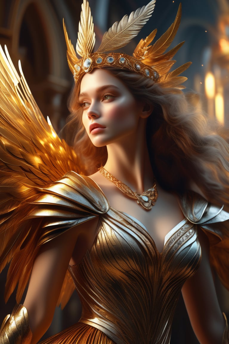 (Insanely-detailed, hyper-realistic, photorealistic, top quality, trending on artstation), (Beautiful woman wearing fantasy dress), Godess, feathery wings, golden Queen's crown, (Complex-background, insanely detailed background), Fantasy world theme, perfect scenery, flames, yellow orbital ring, powerful lightning, Ultra high resolution, 16k, dynamic lighting, lighting, fashionable pose