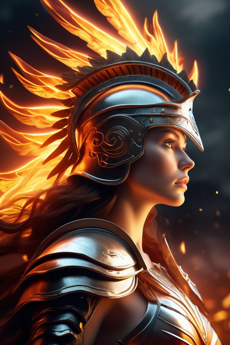 Godess of fire, (Beautiful woman wearing fantasy armor, spartan helmet), glowing wings, lightning, flaming effects, dynamic lighting, lighting, photorealistic, (Realisticity:1.6), (masterpiece, insanely detailed, top quality, best quality), (Complex-background, intricately detailed background), Mount Olympus theme