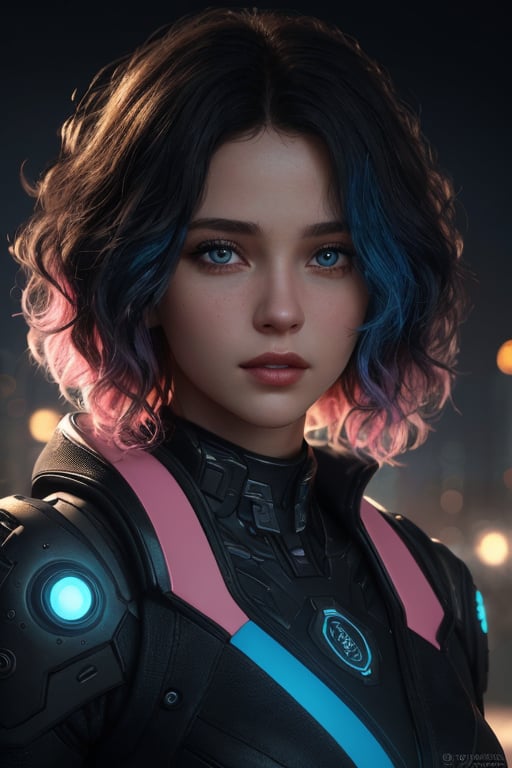 (Portrait of a beautiful woman wearing black and blue sci-fi outfit), young (19 years old), (long blue and pink curlyhair:1.2), blue eyes, extremely detailed face (skin texture), looks at the camera, hyper-detailed, award winning photo, masterpiece, trending on artstation, unreal engine 5, intricately detailed, hyper-realistic, (Realisticity:1.6), Ultra high resolution, 8k, cinematic, (complex-background), Cyberpunk theme, vibrant glowing cityscape, perfect scenery, cinematic lighting, lighting, lens flare, feminine pose, upper body