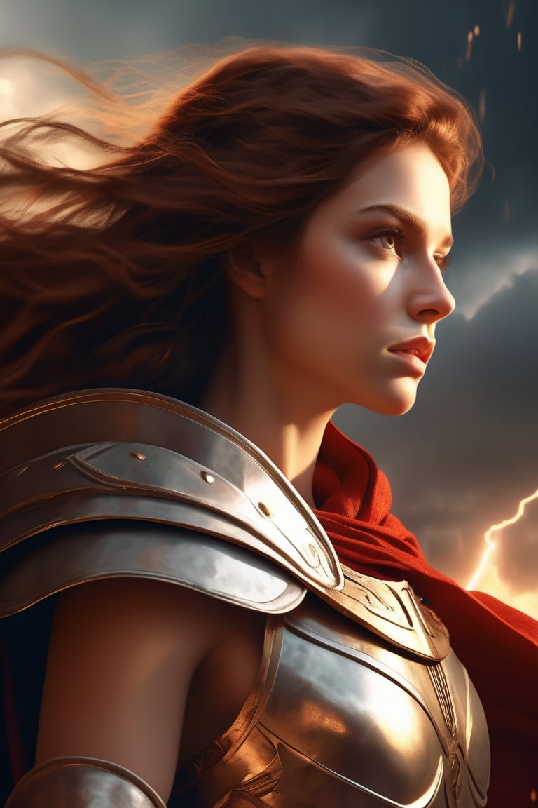 1girl, Godess of War, flaming wings, (Wearing spartan helmet and armor), Long red cape, (Long brown hairstyle:1.3), brown eyes, Photorealistic, (Realisticity:1.4), Extremely-detailed face, (skin texture), intricately detailed, cinematic lighting, lighting, lens flare, (Complex-background, Greek mythology), Mount Olympus theme, Thunderstorm