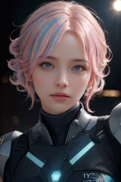 (Portrait of a beautiful woman wearing sci-fi outfit), young (19 years old), (short blue and pink curlyhair:1.3), blue eyes, extremely detailed face (skin texture), looks at the camera, hyper-detailed, award winning photo, masterpiece, trending on artstation, intricately detailed, hyper-realistic, (Realisticity:1.5), Ultra high resolution, 8k, cinematic, (complex-background, cybercity), Sci-fi cityscape mixed with nature, perfect scenery, cinematic lighting, lighting, lens flare, sexy pose