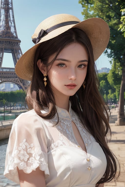 (Portrait of a beautiful woman wearing fashionable white dress), european, young (19 years old), (long brown hairstyle:1.3), brown eyes, extremely detailed face (skin texture), looks at the camera,rosy cheeks, golden earings, white-floppy hat, hyper-detailed, award winning photo, trending on artstation, intricately detailed, hyper-realistic, (Realisticity:1.4), Ultra high resolution, 8k, cinematic, (complex-background, Eiffel tower background), Parisian style, perfect scenery, cinematic lighting, lighting, lens flare, fashionable-pose,