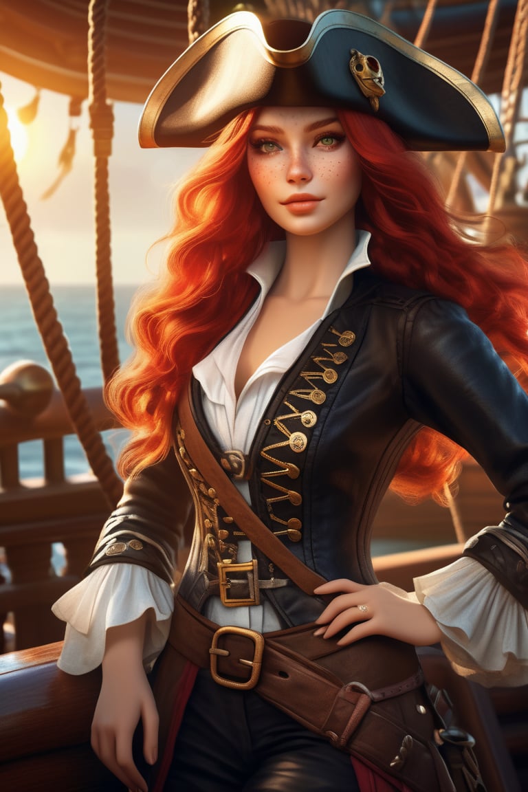 (Portrait of a beautiful woman wearing a pirate outfit on a pirate ship), perfect anatomy, (long red hairstyle:1.3), eye_patch, tricorne hat, rosy cheeks, intricately detailed face, (skin texture), dynamic lighting, lens flare, sunlight, Ultra high resolution, raytracing, 8k, photorealistic, (Realisticity:1.4), insanely-detailed background, (pirate ship background), fashionable pose,