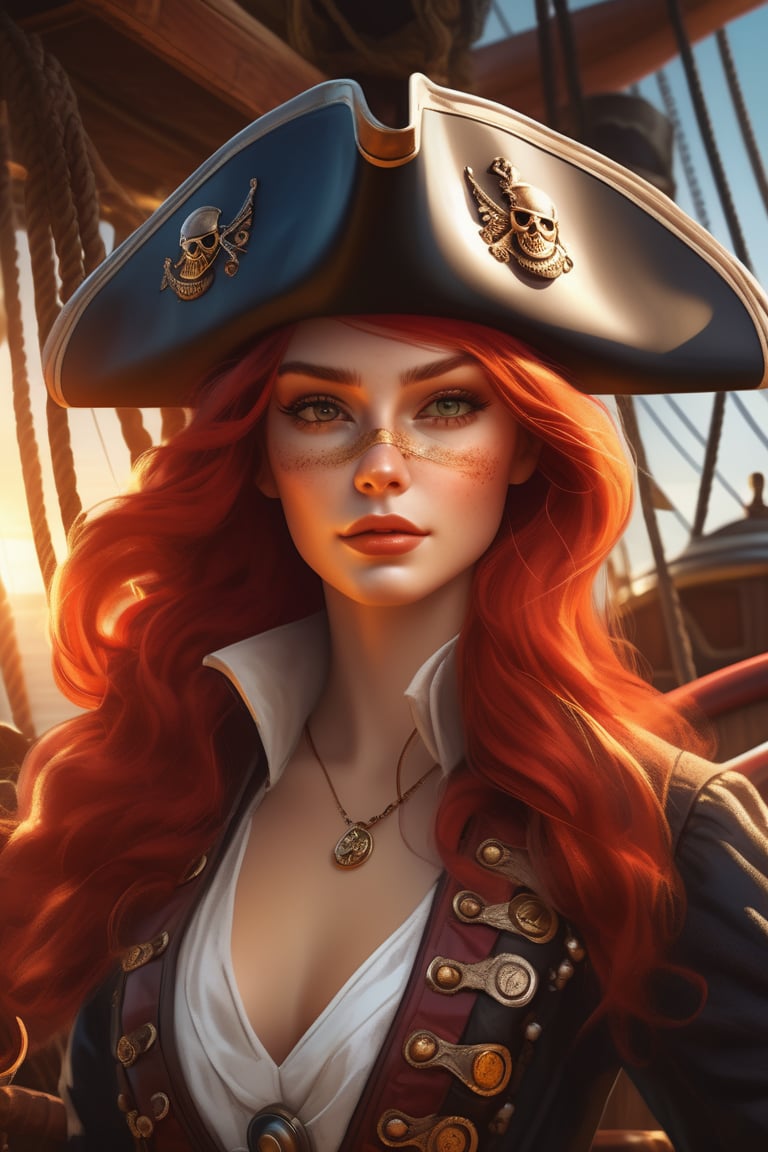 (Portrait of a beautiful woman wearing a pirate outfit on a pirate ship), perfect anatomy, (long red hairstyle:1.3), eye_patch, tricorne hat, rosy cheeks, intricately detailed face, (skin texture), dynamic lighting, lens flare, sunlight, Ultra high resolution, raytracing, 8k, photorealistic, (Realisticity:1.4), insanely-detailed background, (pirate ship background), fashionable pose,