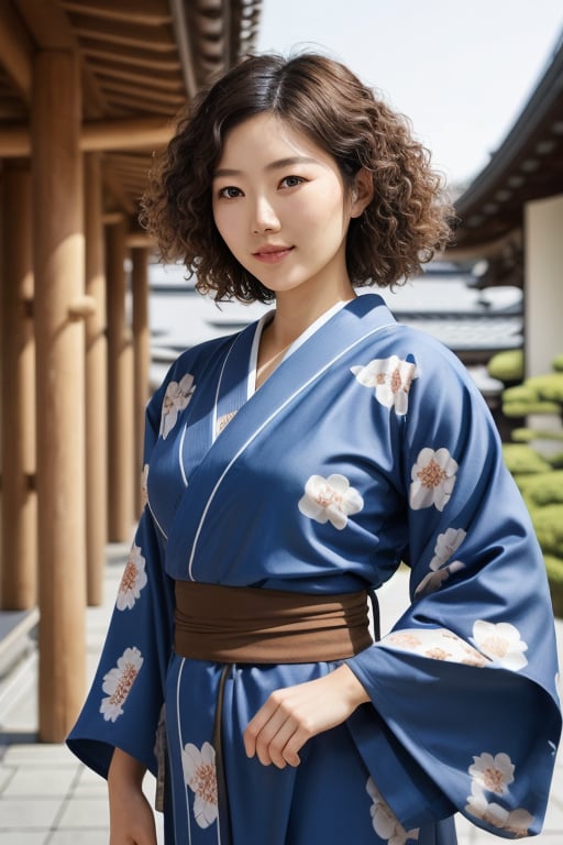 (A beautiful japanese woman wearing blue kimono dress), perfect anatomy, (brown curly hair:1.2), (brown eyes), (complex-background), japanese theme, hyper-detailed, hyper-realistic, high_resolution, volumetric