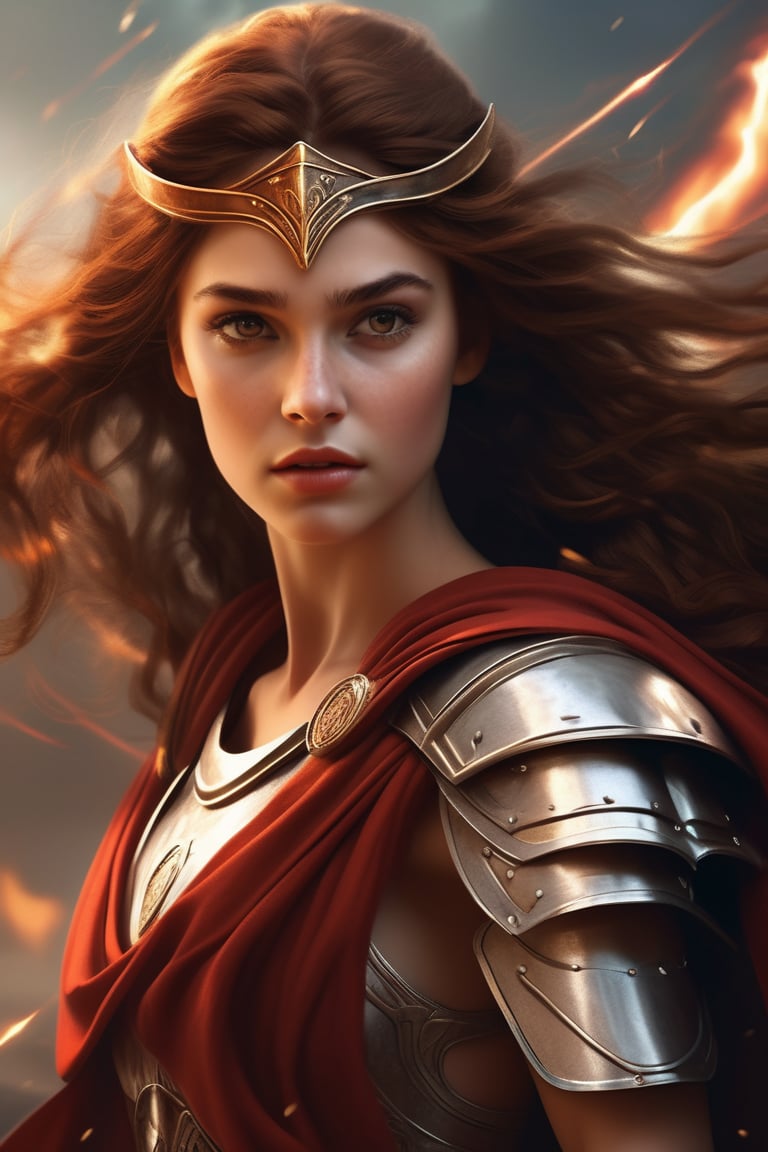 1girl, Godess of War, flaming wings, (Wearing spartan helmet and armor), Long red cape, (Long brown hairstyle:1.3), brown eyes, Photorealistic, (Realisticity:1.4), Extremely-detailed face, (skin texture), intricately detailed, cinematic lighting, lighting, lens flare, (Complex-background, Greek mythology), Mount Olympus theme, Thunderstorm