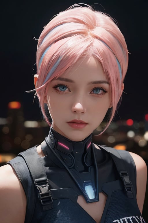 (Portrait of a beautiful woman wearing white and yellow cyberpunk outfit), young (19 years old), (short blue and pink hairstyle:1.4), blue eyes, extremely detailed face (skin texture), looks at the camera, hyper-detailed, award winning photo, masterpiece, trending on artstation, intricately detailed, hyper-realistic, (Realisticity:1.6), Ultra high resolution, 8k, cinematic, (complex-background, creative background), Sci-fi cityscape, perfect scenery, cinematic lighting, lighting, lens flare, sexy pose, upper body