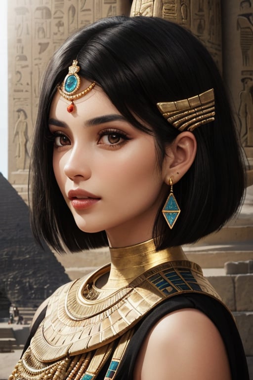 (Portrait of a beautiful woman wearing ancient egyptian dress), (short black hairstyle hair:1.2), brown eyes, perfect anatomy, perfect face, looks at the side, golden earings, hyper-detailed, intricately detailed, perfect lighting, (complex-background, egyptian pyramid), egyptian theme, volumetric, vibrant, sunlight, fashionable-pose