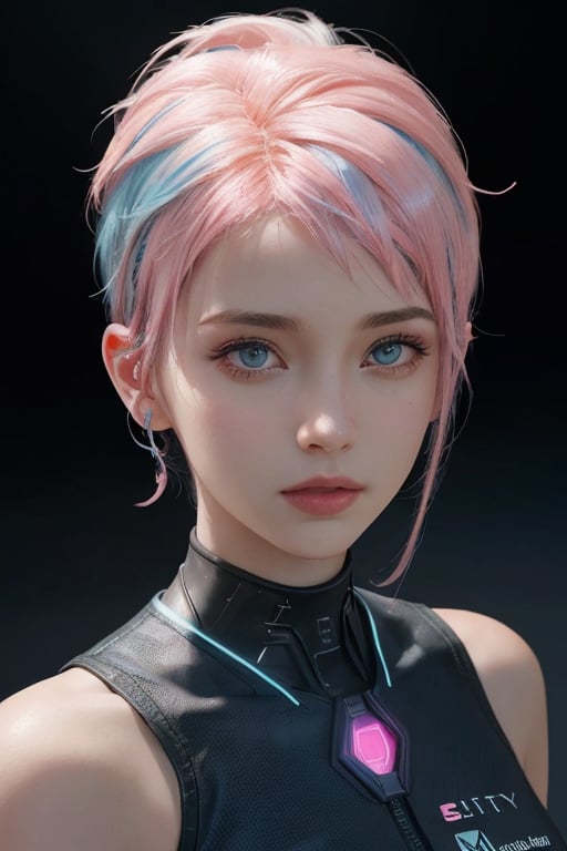 (Portrait of a beautiful woman wearing black and blue sci-fi outfit), young (19 years old), (short blue and pink hairstyle:1.4), blue eyes, extremely detailed face (skin texture), looks at the camera, hyper-detailed, award winning photo, masterpiece, trending on artstation, unreal engine 5, intricately detailed, hyper-realistic, (Realisticity:1.6), Ultra high resolution, 8k, cinematic, (complex-background, creative background), Cyberpunk theme, vibrant glowing cityscape, perfect scenery, cinematic lighting, lighting, lens flare, feminine pose,