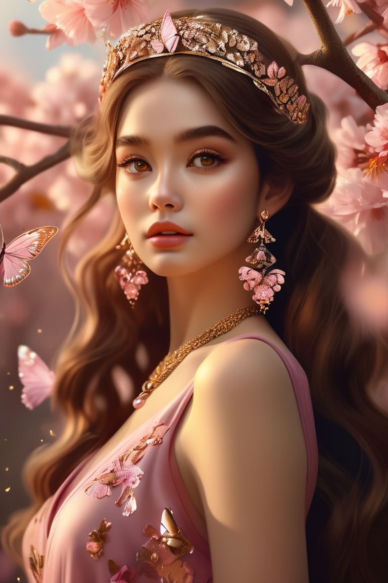 masterpiece, photorealistic, ultra high resolution, 8k, (beautiful woman wearing pink opulent dress), golden earings, golden necklace, butterflies, rosy cheeks, flowery headband, (Aesthetic:1.2), hyper-detailed, beautiful, gorgeous, fashionable pose, (long brown hair:1.3), brown eyes, (complex-background), lighting, sunlight, nature background, dynamic lighting, cherry blossoms, trees, bushes, full body