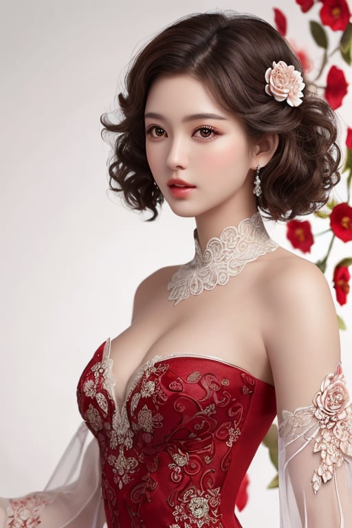 (Beautiful woman with red dress and brown eyes), (curly hairstyle:1.2), perfect anatomy, (creative background, intricated background, flowery-background), red and white theme, hyper-detailed, hyper-realistic, intricated, high_res, (intricated details:1.2), volumetric