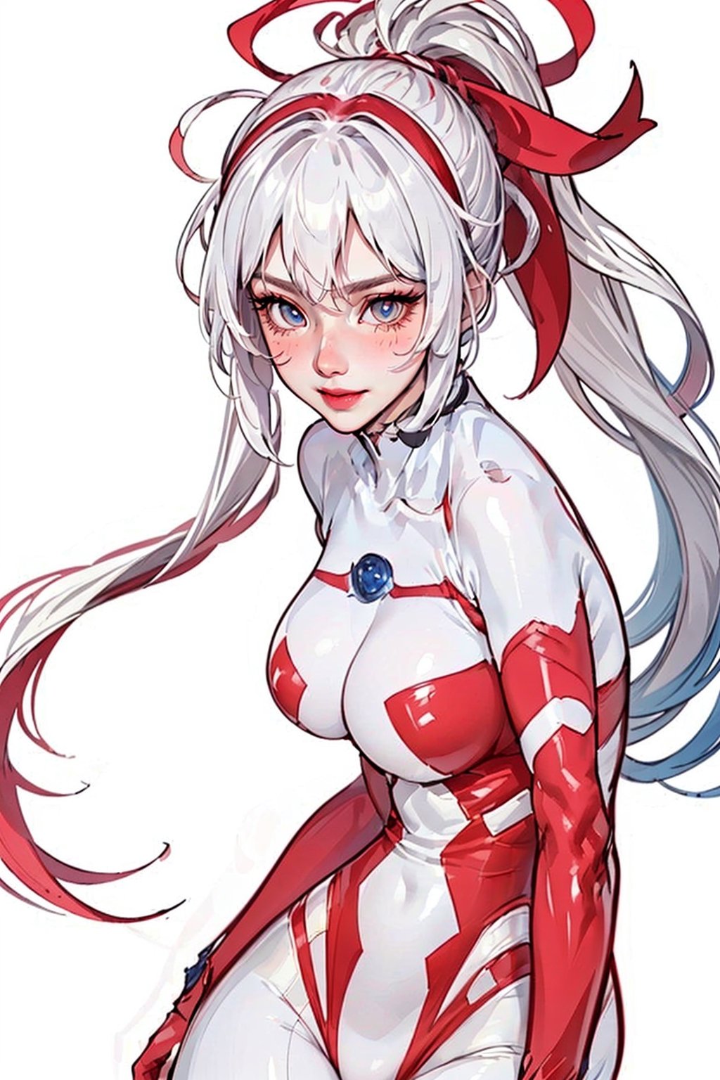 (Masterpiece in, best quality:1.2), ((high resolution, extremely realistic picture, beauty and realistic details)), (realistic photo:1.4), Ultrawoman, ultraman bodysuit, ultraman impact, Shion face, sliver mix pink hair, ponytail, messy hair, headband, white over knee boots, （full body, see the shoes:1.5), 
(((Medium breast, E_cup))), (sapphire on the chest, circle type:1.3), 

close up, standing, stand at attention, look viewer
empty handed, 
(Full whitebackground:1.5), ,Ultrawoman, Ultraman bodysuit,Ultraman impact,Shion face,Ultragirl,Ultraman bodysuit