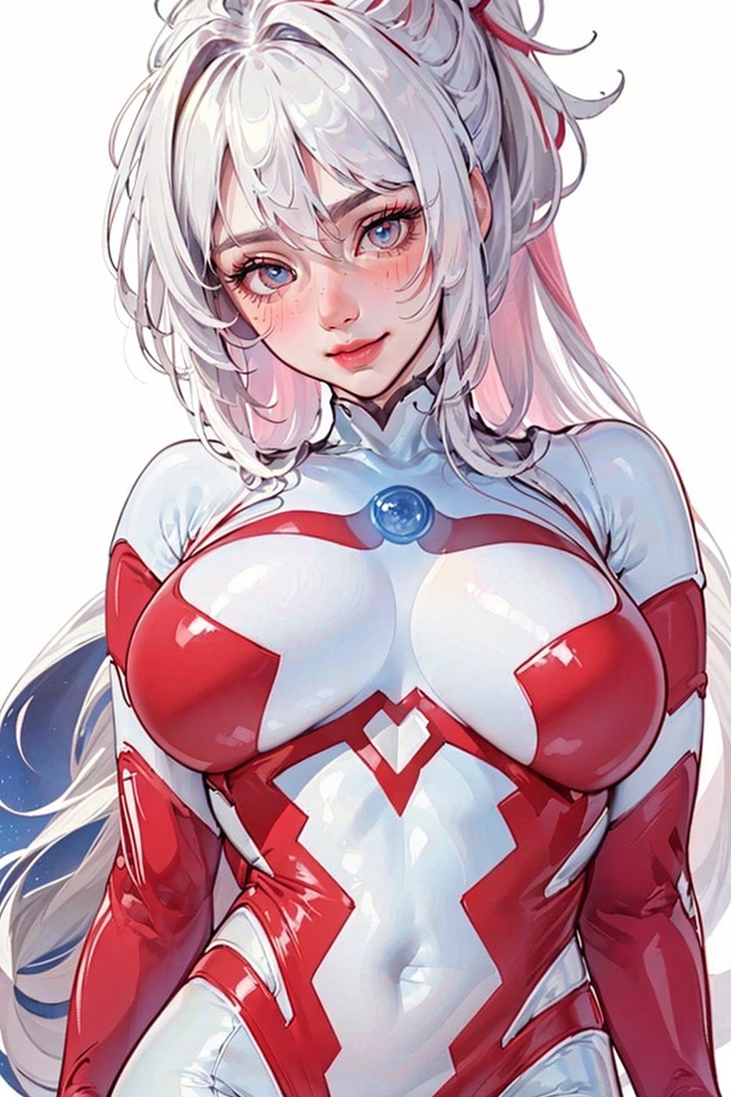 (Masterpiece in, best quality:1.2), ((high resolution, extremely realistic picture, beauty and realistic details)), (realistic photo:1.4), Ultrawoman, ultraman bodysuit, ultraman impact, Shion face, sliver mix pink hair, ponytail, messy hair, headband, white over knee boots, （full body, see the shoes:1.5), 
(((Medium breast, E_cup))), (sapphire on the chest, circle type:1.3), 

close up, standing, stand at attention, look viewer
empty handed, 
(Full whitebackground:1.5), ,Ultrawoman, Ultraman bodysuit,Ultraman impact,Shion face,Ultragirl,Ultraman bodysuit