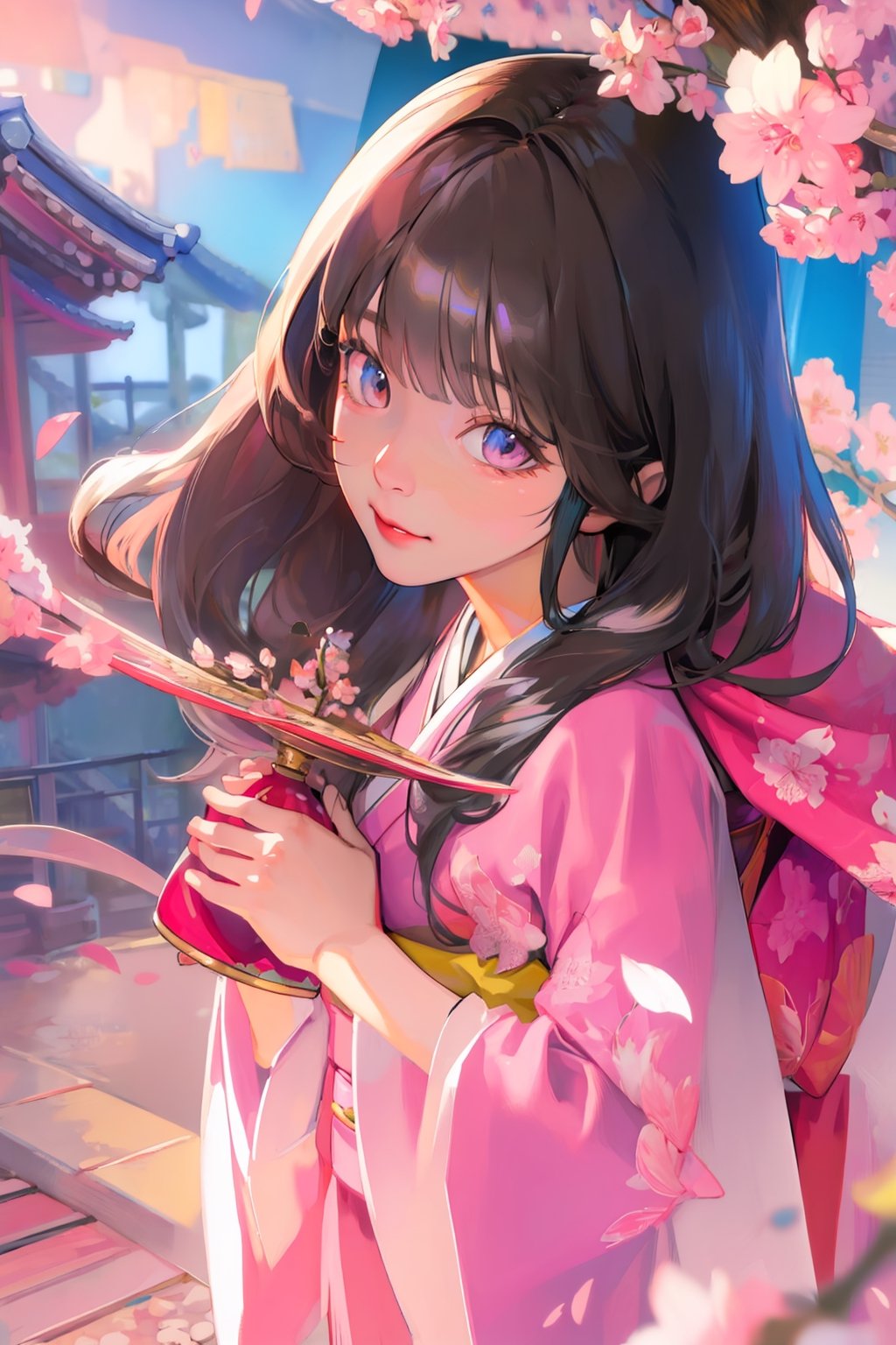 Girl,
(Masterpiece, best quality:1.4), realistic details, extremely details photo, HDR photo, unity, official art, ((anime style, 2.5D illustration)), dutch angle, (extremely details, high resolution:1.3), 
Cowboy shot, (focus face:1.2),
Nature lights, 
Black hair, (Pink kimono, sakura pattern),Japnaese ,Raye face

Detail background, pink and blue tone, sunset, fantasy sky, japanese street, sakura, 