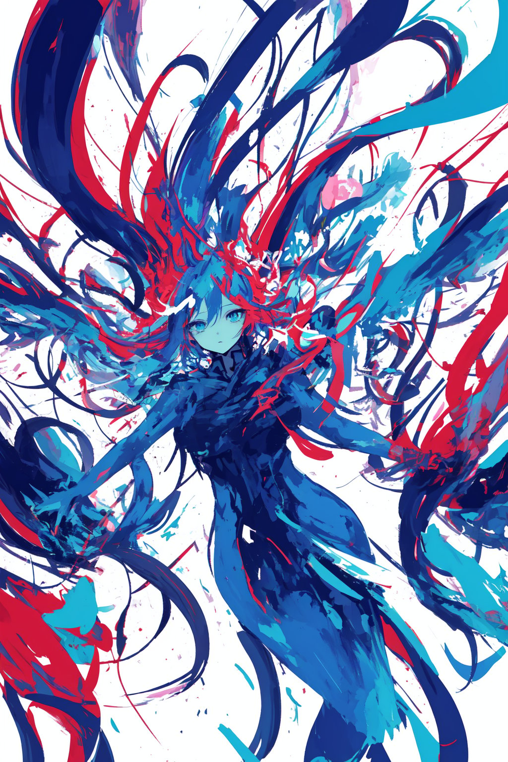 Generate an abstract art piece that is characterized by vibrant and dynamic colors. The artwork should prominently feature an abstract representation of a woman. The colors should blend and diffuse into each other seamlessly, creating a sense of movement and depth in the artwork. The woman figure should be ethereal and flowing, integrating with the colors in an organic way. The overall composition should evoke a feeling of energy and freedom. Emitting a powerful energy in messy spectrum of light and flash, but has very soft line, soft rigging, soft texture, soft sketch, soft ink, very fluid art, soft edge. Her hair blends with an abstract color. Incredible long hair messy around and blend into surroundings. abstract drop shadow. long view and deep view background. unclear her presence. unobvious her presence. more abstact about her body shape and more blend her body into surroundings. her hair is irregular and messy to everywhere. her hair covers her body. very abtract color background, abstract spectrum background. 