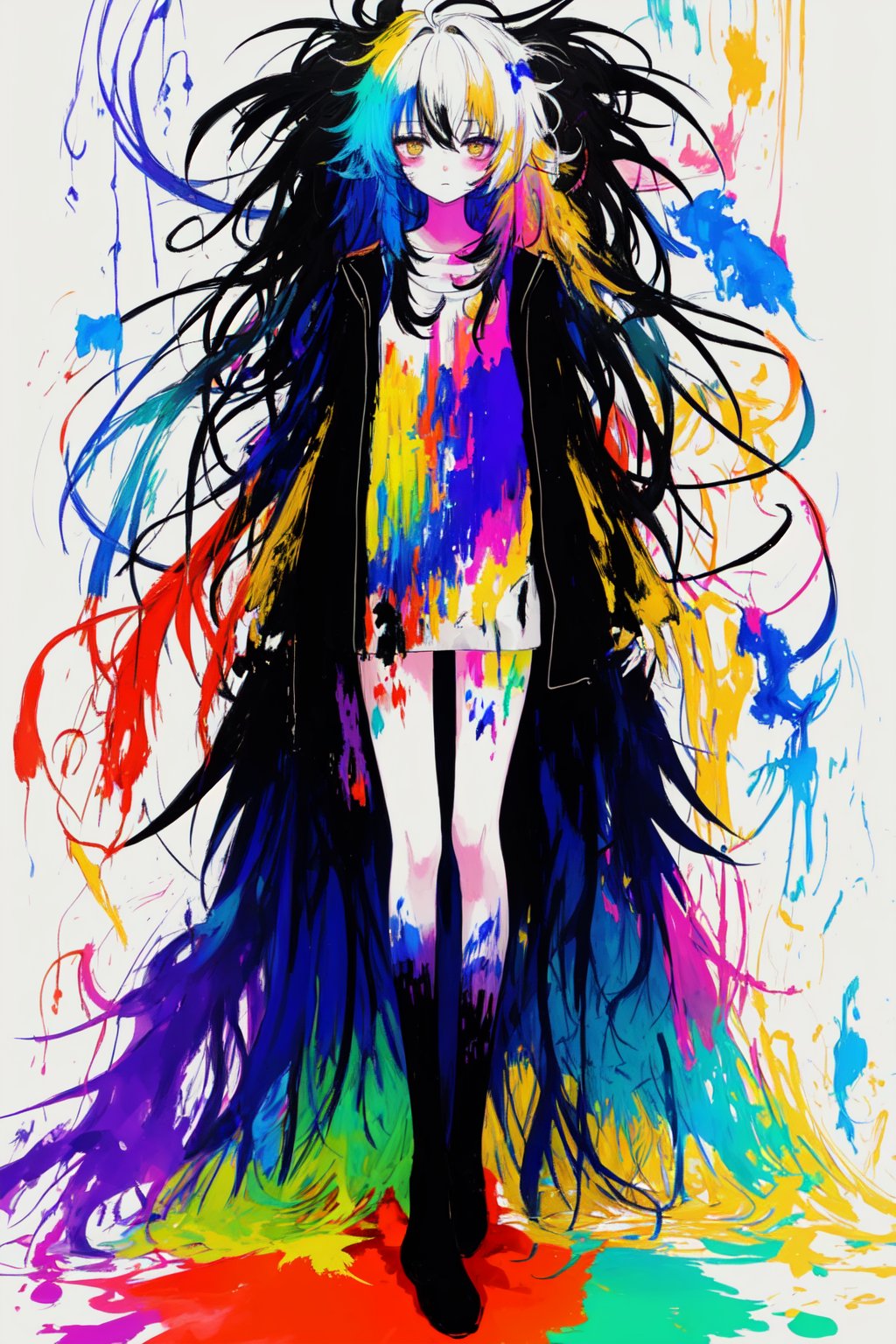 Abstract art, everthing drawn in color of spectrum, soft line, soft rigging, soft texture, soft sketch, soft ink, very fluid art, soft edge, (incredible long hair: 1.5), messy hair, hair blend into surroundings, hair is irregular, (messy hair everywhere: 1.5), hair covers body, hair covers front body, abstract sketch, scratches, scribbled, hundred of colors, mixed colors, colors gradation, innumerable colors, unclear lines, unclear sketch, abstract paint, art background, unclear body, unclear face, colors everywhere, colors anywhere, scattered colors, formless, imperfect, colors splatters, random brush spill