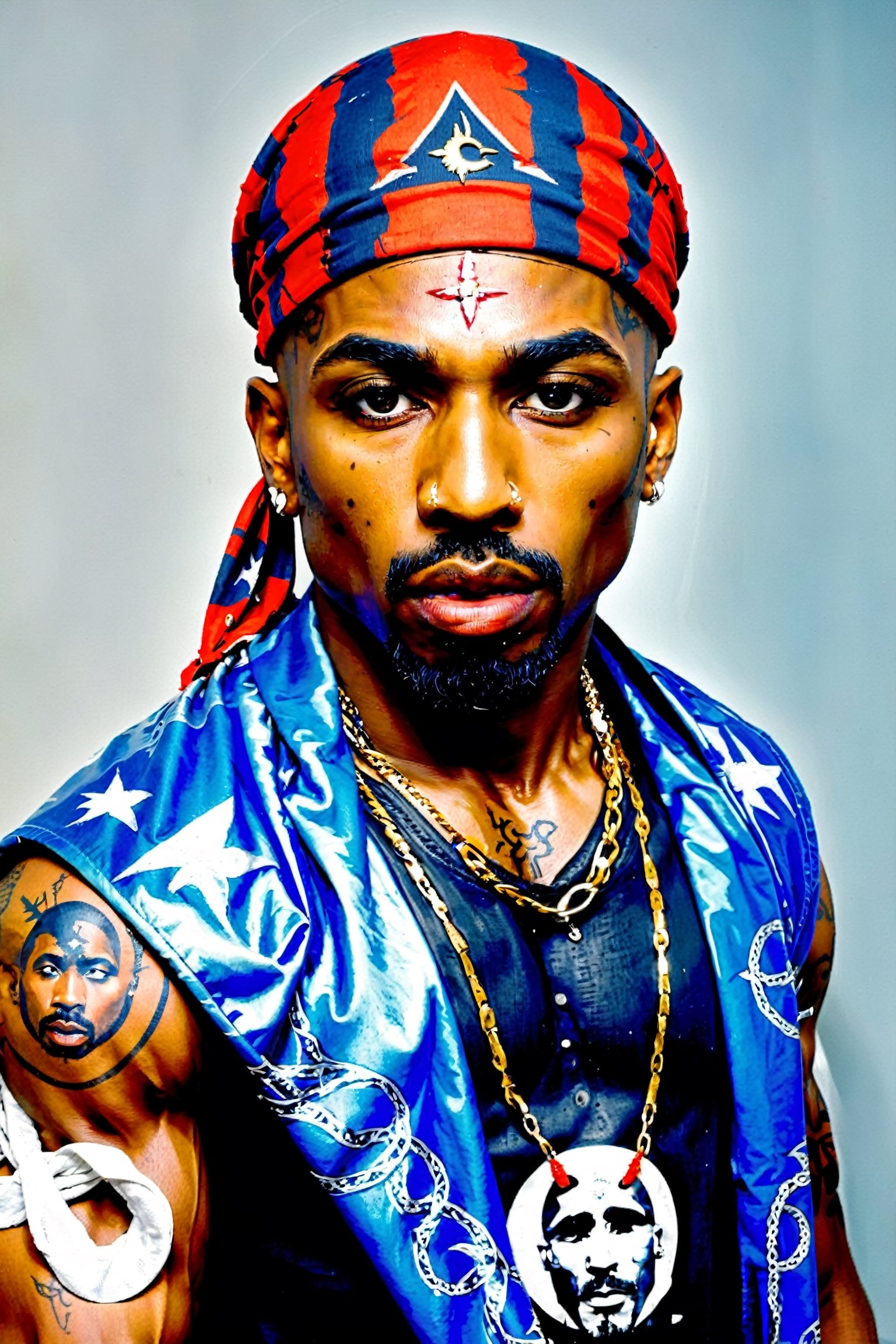 aw0k, (masterpiece:1.2), full body shot of 1man, ((2pac)), Tupac Shakur, in blue bandana halloween makeup, halloween style, angry expression, (facial hair:1.2),