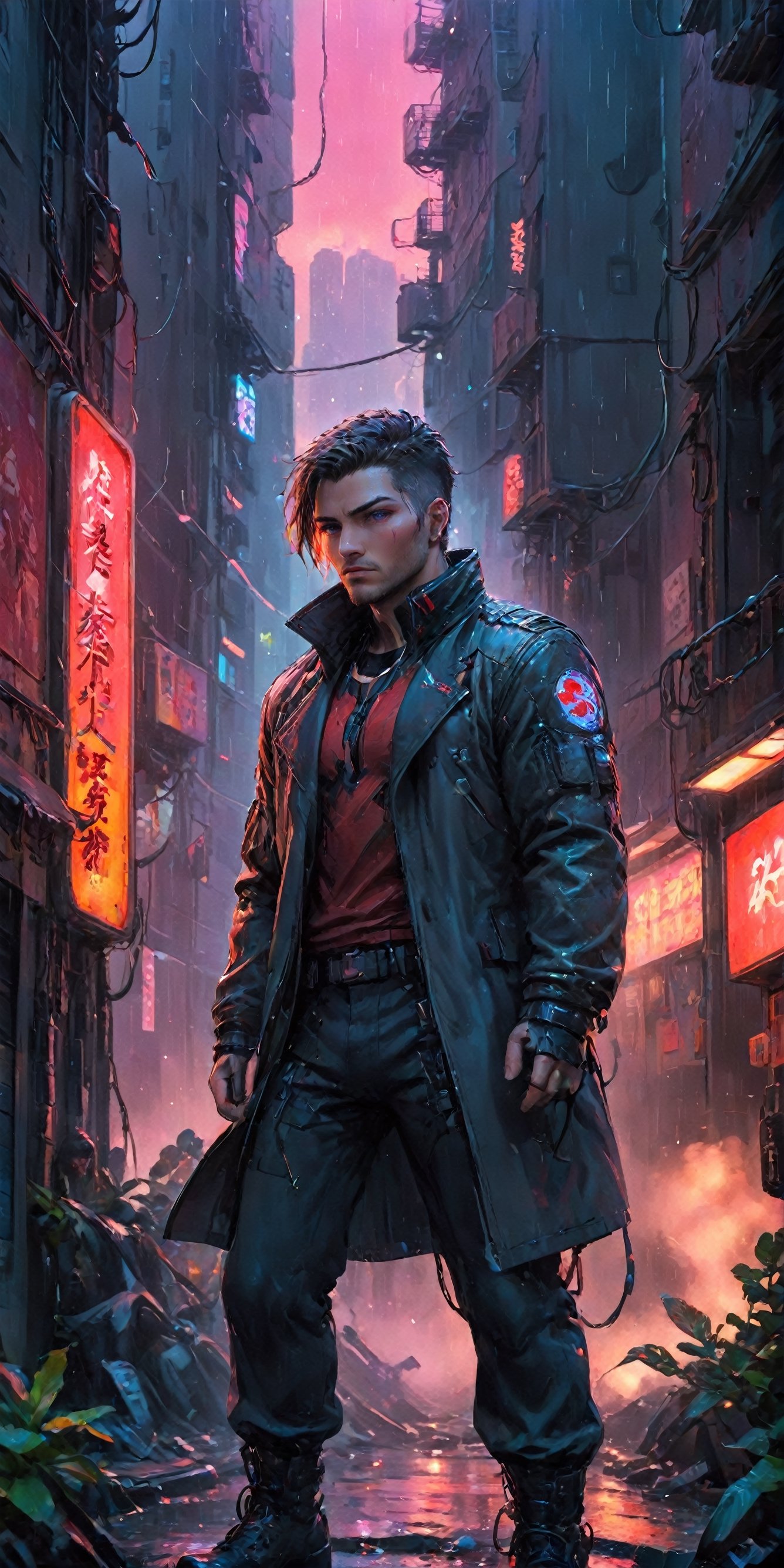 Generate hyper realistic image of a dynamic scene in a cyberpunk alley where neon lights illuminate a gritty, futuristic setting. Imagine characters engaged in a dramatic showdown, with rain-slicked streets reflecting the glow of holographic signs. Convey the tension and high-tech atmosphere of a cyberpunk noir confrontation.,aw0k euphoricred style,male,Movie Still