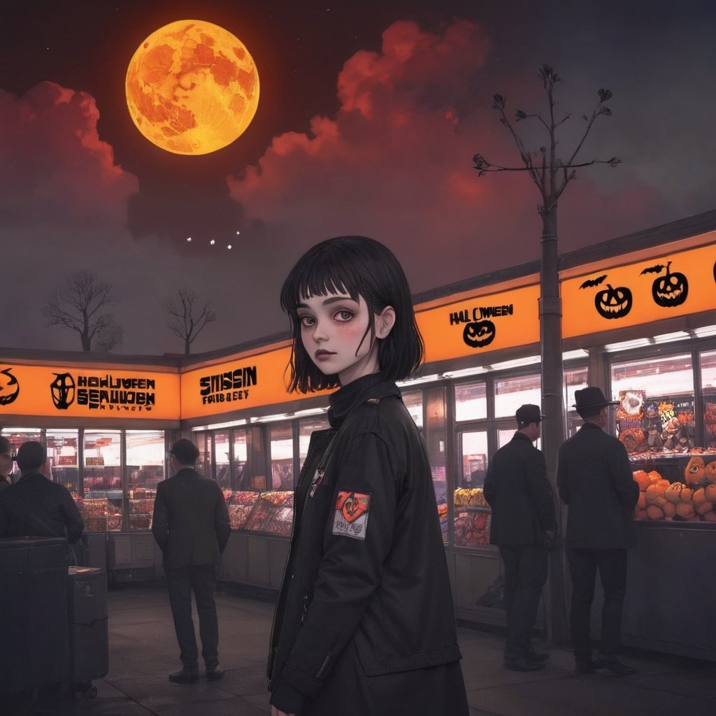 she is the 3D Halloween Candy girl meets project gothwave in synthetic fashion, silhouette, grungy, dark, dangerous, dynamic composition and dramatic lighting, black, neon red, haze, aw0k euphoric style,drwbk coloring book drawing, portrait art by simon stalenhag