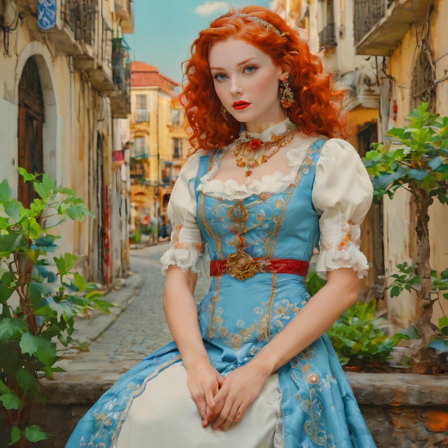 masterpiece, highest resolution, best quality, beautiful, raw image, female russian, white, ((age 25)), with Red hair, long face, Hair Style: curly, long, blue, maid outfit, In Istanbul, With gold earrings, tall ((adult)), ((full body)), 