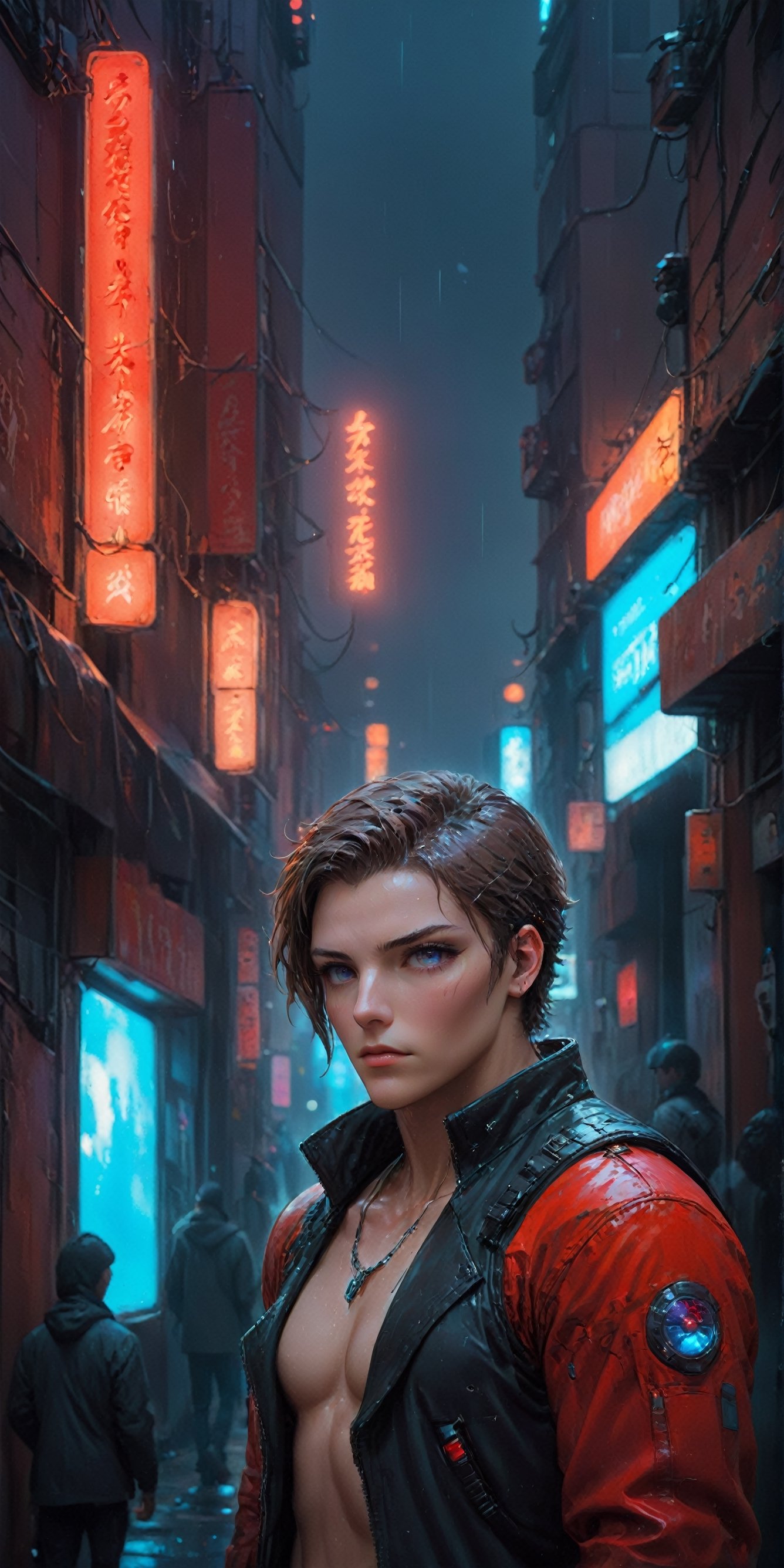 Generate hyper realistic image of a dynamic scene in a cyberpunk alley where neon lights illuminate a gritty, futuristic setting. Imagine characters engaged in a dramatic showdown, with rain-slicked streets reflecting the glow of holographic signs. Convey the tension and high-tech atmosphere of a cyberpunk noir confrontation.,aw0k euphoricred style,male,Movie Still