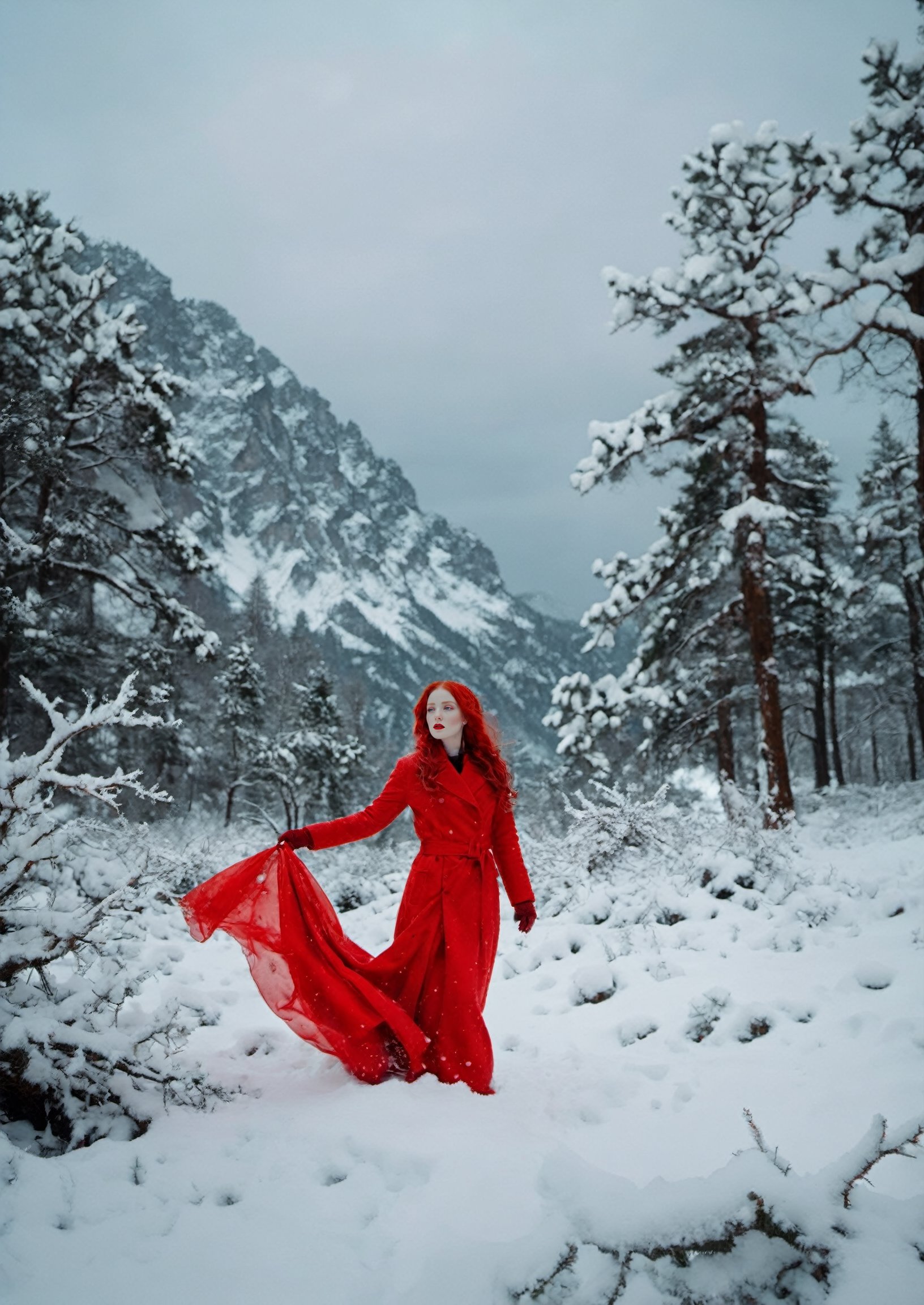 (masterpiece), (best quality), full body beautiful woman, winterwave aesthetics, red threads representing hair, snow, white and red elements, Movie Still,photo r3al