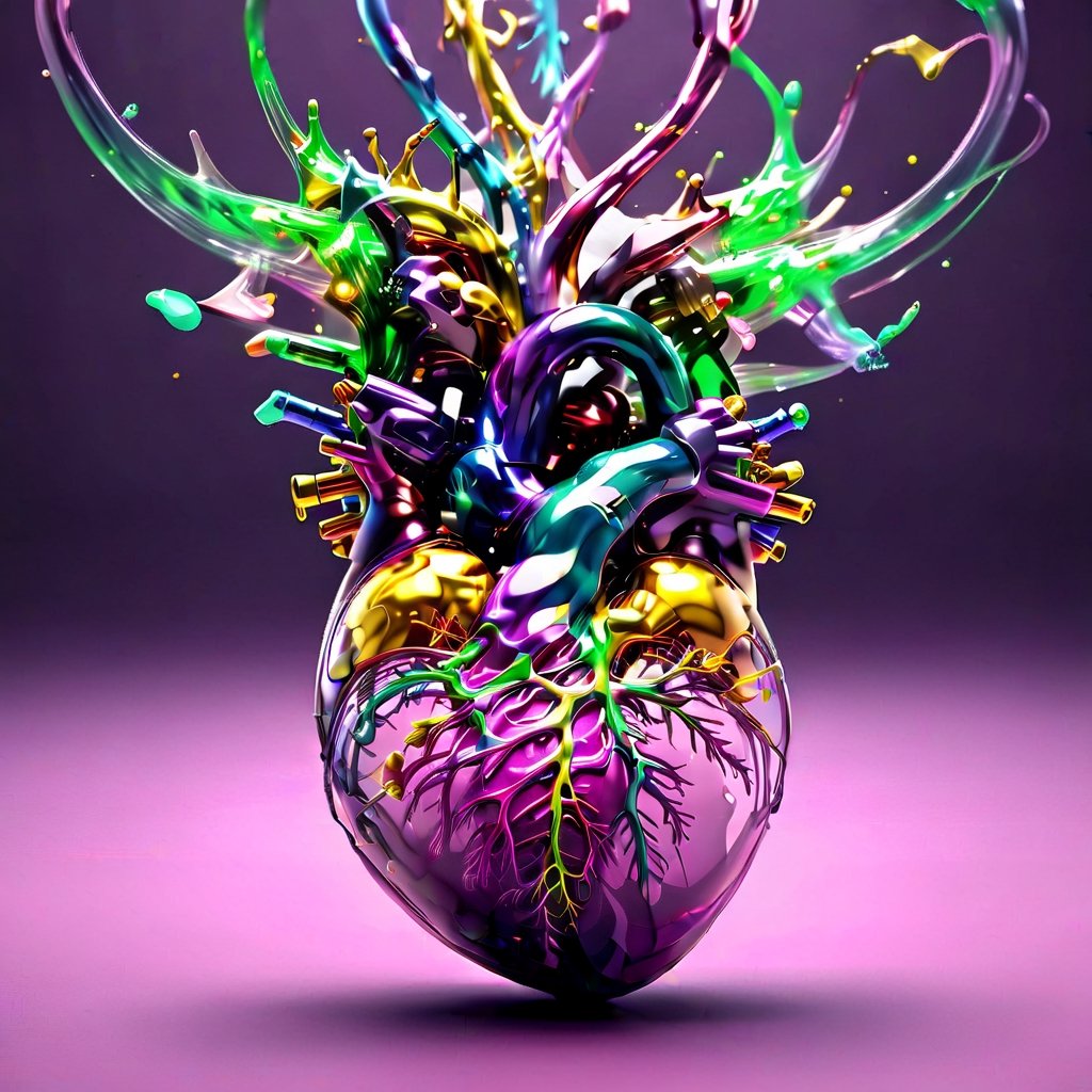 masterpiece, best quality, 3D model of the human heart, scientifically accurate in its anatomical representation, the chambers, valves, and blood vessels in exquisite detail, (reflective:1.25)