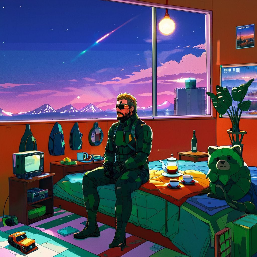 masterpiece, best quality, (((Metal Gear Solid Snake in sleeping wear drinking 1 cup of tea casually))), looking at the camera,real life, art by simon stalenhag, ,aw0k geometry,aw0k straightstyle