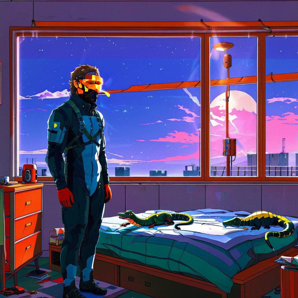 masterpiece, best quality, (((Metal Gear Snake in sleeping wear drinking 1 cup of tea casually))), looking at the camera,real life, art by simon stalenhag, ,aw0k geometry,aw0k straightstyle